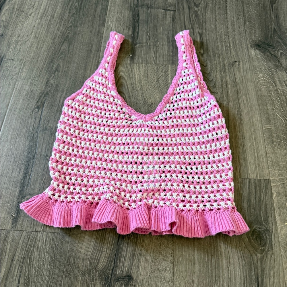 Full Tilt Pink and White Crochet Tank Top- TILLYS